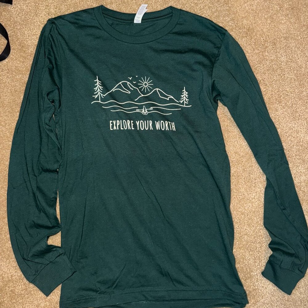 FOREST GREEN LONG SLEEVE BELLA CANVAS EXPLORE YOUR WORTH SHIRT MULTIPLE SIZES